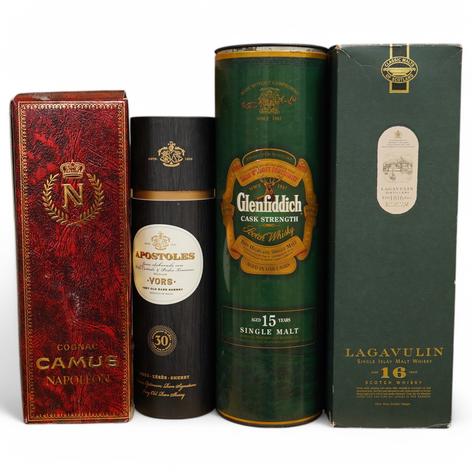 A boxed bottle of Lagavulin single Islay malt whisky, boxed Glenfiddich cask strength single malt whisky, a boxed bottle of Apostoles old sherry and a boxed bottle of Camus Napoleon cognac (4 bottles) Condition - fair, s